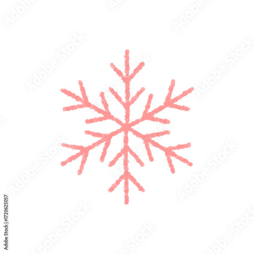 Pink chalk snow flake symbol in hand drawn style. Winter ornament and frosty decoration, ice element with chill and cold feel. Christmas snowflake design for seasonal holiday theme.