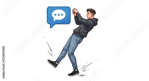 Man Pulled Backwards by a Giant Chat Bubble Vector Illustration