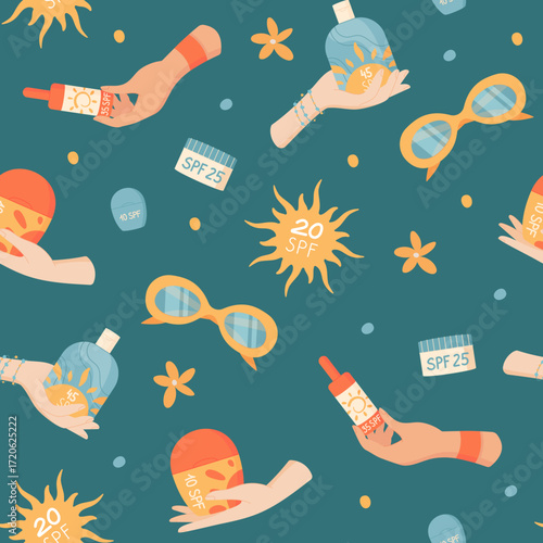 Flat seamless sunscreen bottle pattern background with SPF cream, sunblock, lotion tube, container, sunglasses, sun shapes and hold element. Cosmetic care product set, summer scene, seamless concept