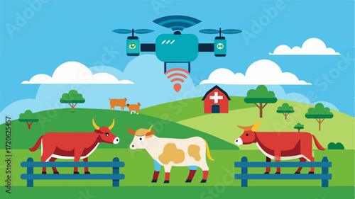 AIpowered drones flying over pastures identifying any sick or injured livestock and sending alerts to the farmer.. Vector illustration
