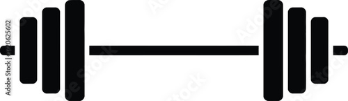 Simple black silhouette of a barbell with weights on a white background