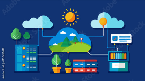 A visual representation of a data center filled with servers crunching numbers and analyzing data from satellites weather stations and remote sensors to produce climate models and. Vector illustration