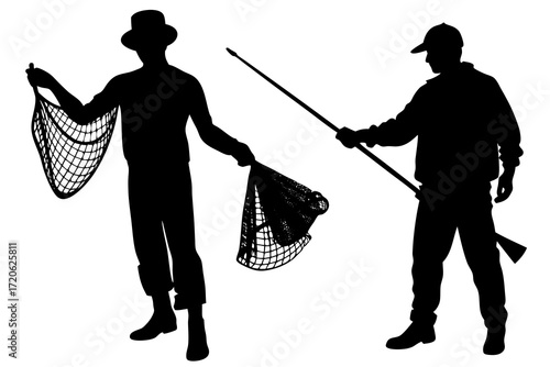 Fisherman with net silhouette vector illustration 