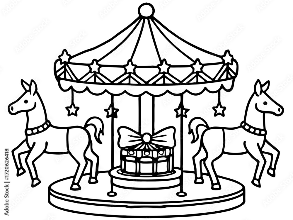 Fototapeta premium Simple Line Drawing of a Carousel with Two Horses and a Gift