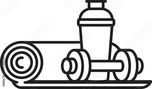 Simple line art of yoga mat dumbbell and shaker bottle for fitness