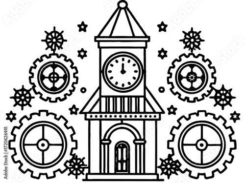 Clock Tower with Intricate Gears and Stars Line Art Illustration