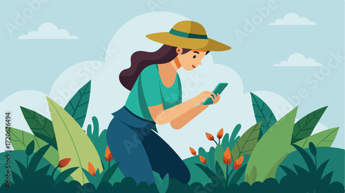 A young freelancer wearing a tea pluckers hat skillfully moves through the rows of bushes picking leaves with one hand and typing on her phone with the other managing her business. Vector illustration
