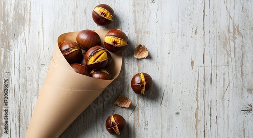 Fototapeta Naklejka Na Ścianę i Meble -  Roasted chestnuts in a paper cone on a rustic wooden table, autumn harvest concept. Delicious fall food photography with copy space.