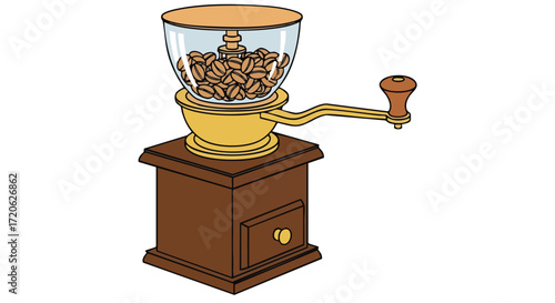 Vintage Coffee Grinder with Beans Manual Coffee Mill Illustration