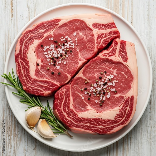 Two raw ribeye steaks, seasoned with salt and pepper, rest on a white plate, garnished with fresh rosemary and garlic cloves, displayed against a light wooden background.