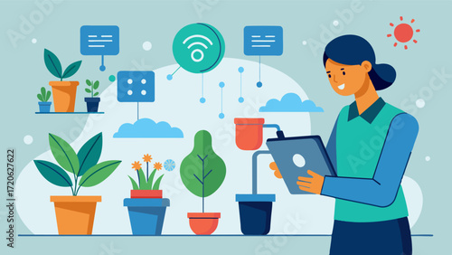 A virtual assistant that uses voice commands to perform routine tasks such as adjusting temperature or watering schedules making greenhouse management more efficient.. Vector illustration