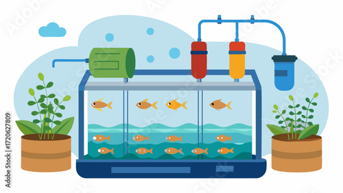 A series of interconnected tanks and tubes that allow for a continuous flow of water nutrients and waste between the fish tank and plant beds in a closedloop system.. Vector illustration