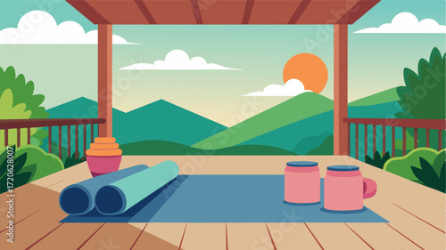 A set of yoga mats arranged on the porch for a midday stretch and meditation break from work.. Vector illustration