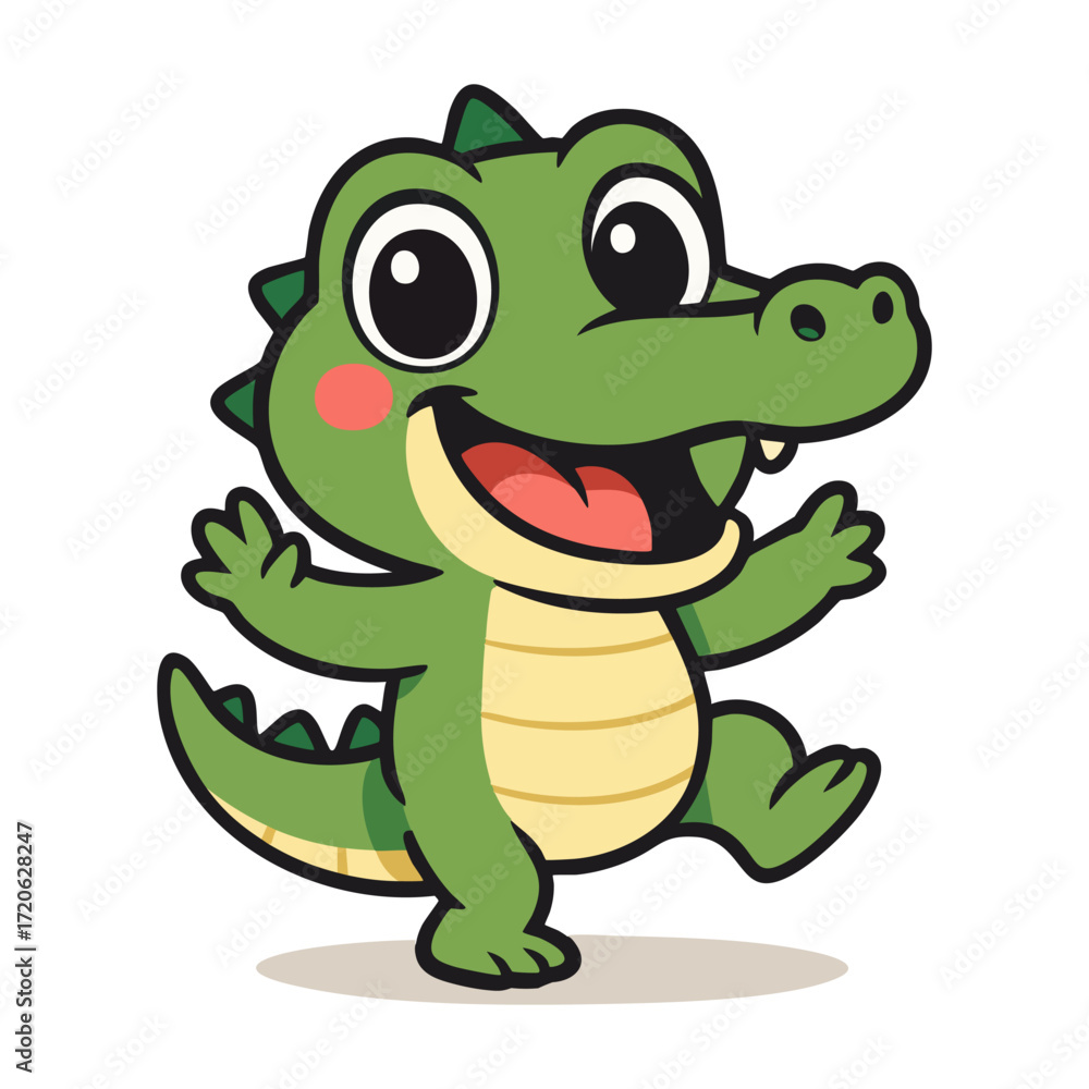 Fototapeta premium Happy cartoon alligator with arms up and big eyes.
