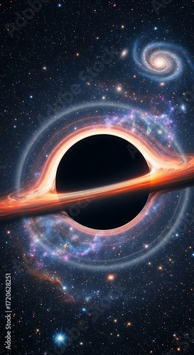 A captivating image of a black hole surrounded by swirling, colorful space dust and distant galaxies.