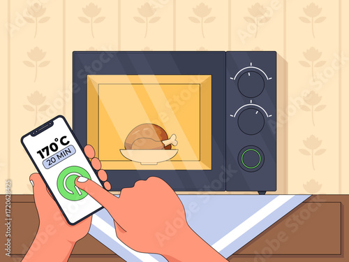 Smart cooking illustration showing hand using smartphone to control microwave with roasted chicken inside displaying temperature and time in a modern connected kitchen environment
