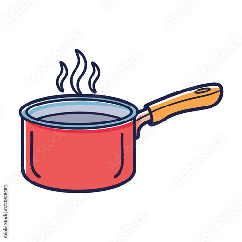 Red Saucepan with Wooden Handle Boiling Water Illustration