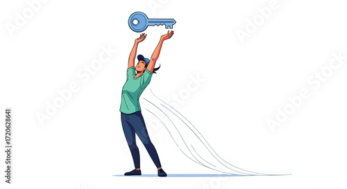 Person achieving success reaching for a giant key vector illustration