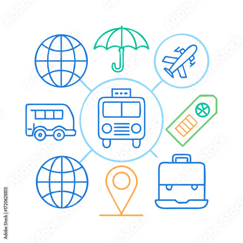 “Flat outline travel icons — airplane, passport, suitcase, hotel, world globe, beach umbrella, map, location pin, ticket, bus, train — thin stroke, modern vector style.”