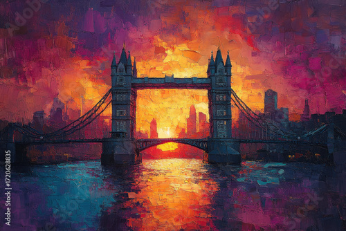 London skyline at sunset painting.