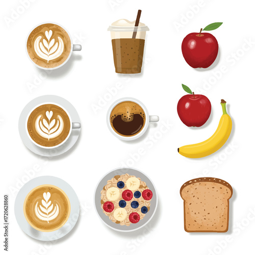An assortment of breakfast items including coffee, fruit, and toast, suggesting a healthy start to the day