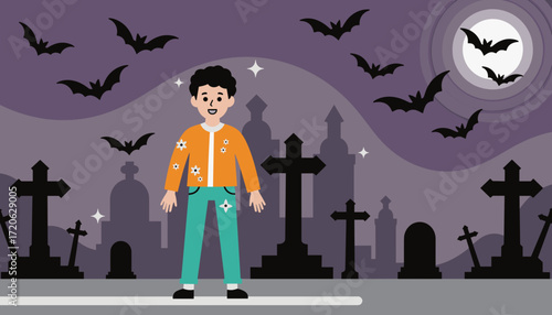 Young boy standing in graveyard with bats under full moon on Halloween