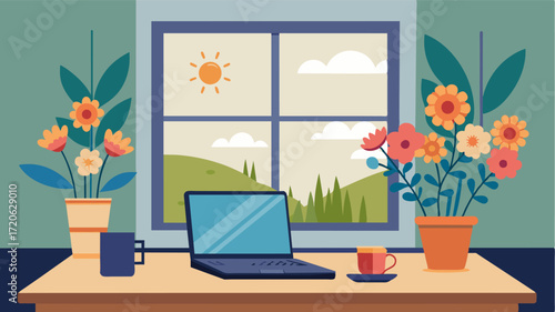 A pot of wildflowers on a windowsill in a charming farmhouse bedroom with a laptop and notebook on the bedside table symbolizing the balance between work and relaxation in a. Vector illustration