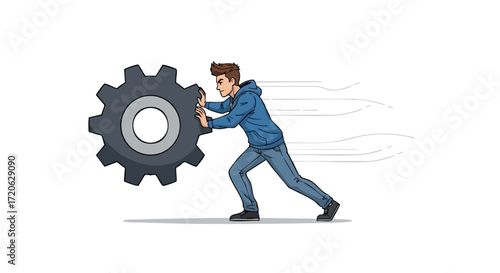 Man Pushing a Gear Effort Progress and Success Concept Illustration