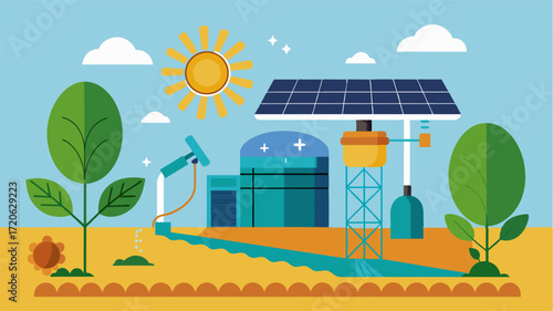 A solarpowered irrigation system that operates independently utilizing renewable energy and reducing the farmers reliance on electricity.. Vector illustration