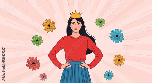 Confident Cartoon Woman with Golden Crown Surrounded by Colorful Flowers.