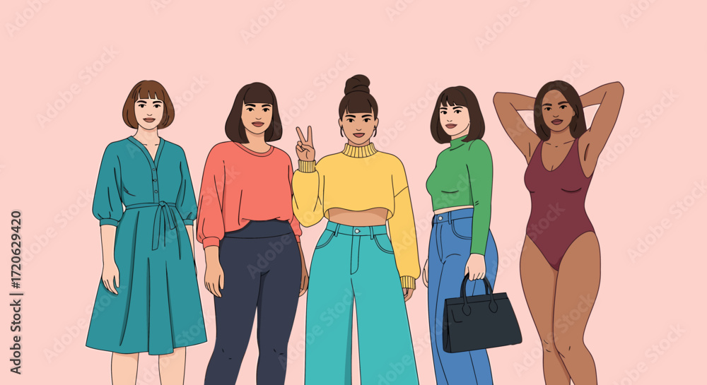Obraz premium Diverse Women in Fashionable Outfits Teal Dress Coral Top Yellow Sweater Green Shirt and Burgundy Swimsuit.