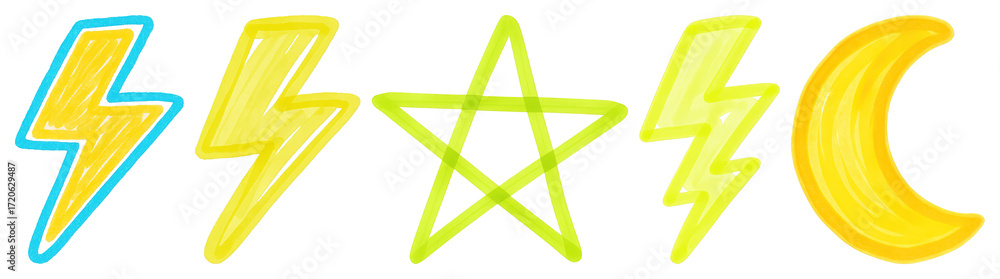 Obraz premium PNG Colorful neon lightning star moon, element set on transparent background