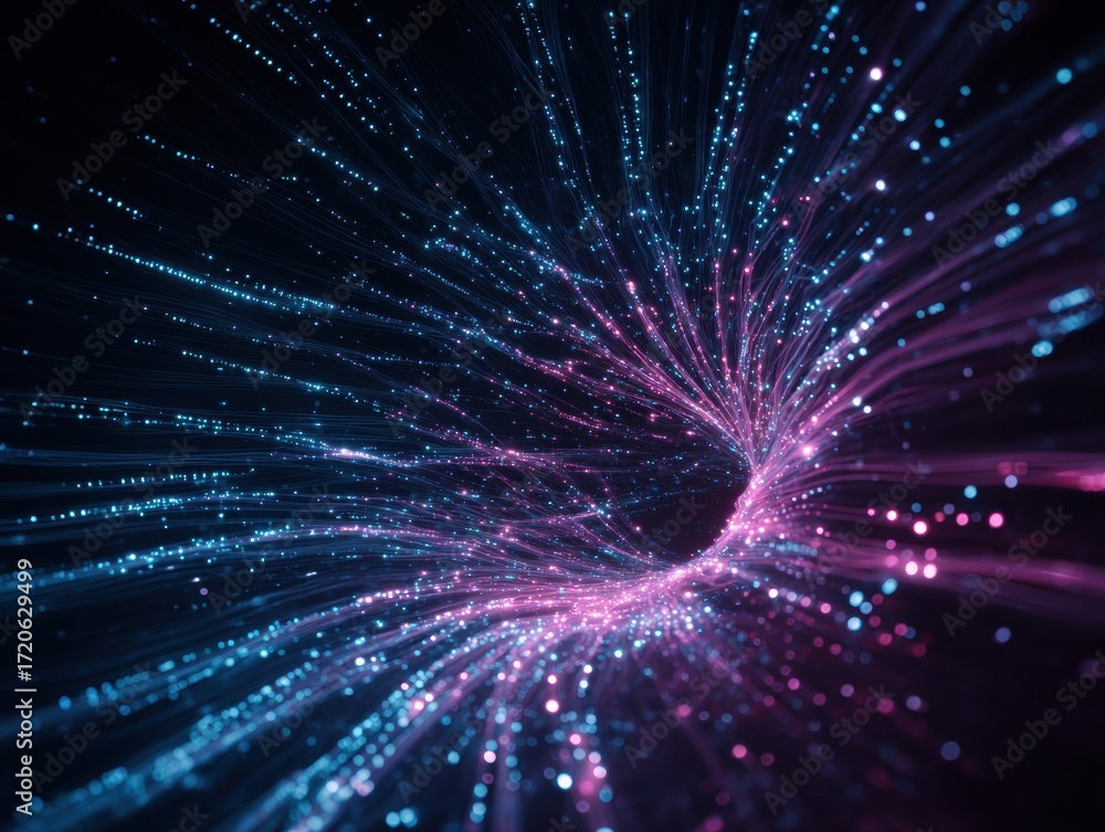 Naklejka premium Futuristic cyberpunk data vortex with neon pink blue particles and binary code, technology network connection background for presentation or website design