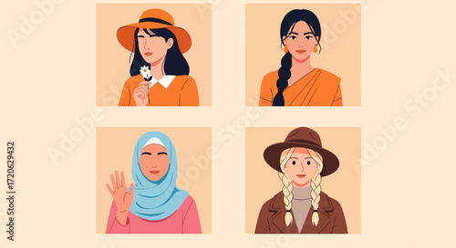 Diverse women portraits Hat flower braid hijab and pigtails in a square collage.