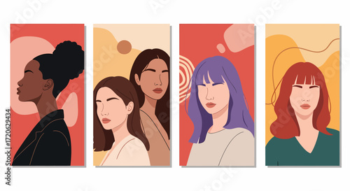 Diverse Women Portraits with Abstract Backgrounds in Flat Vector Style.
