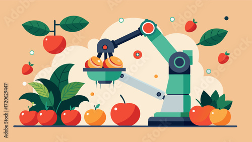 A robotic arm equipped with sensors carefully harvesting ripe fruits and vegetables in a precise and efficient manner.. Vector illustration
