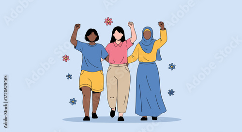 Diverse Women United with Raised Fists and Floral Accents in Solidarity.