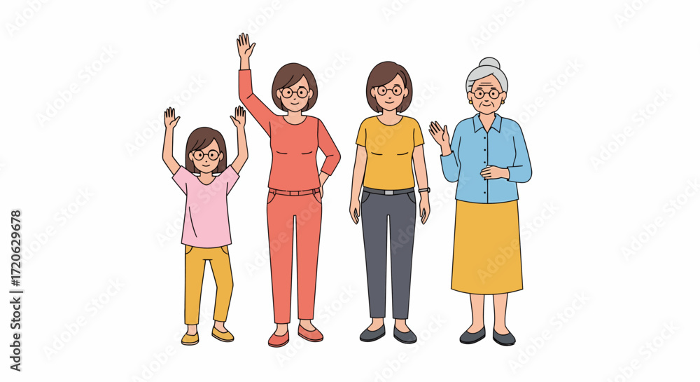 Fototapeta premium Four Generations of Women Waving with Varying Outfits and Hairstyles.