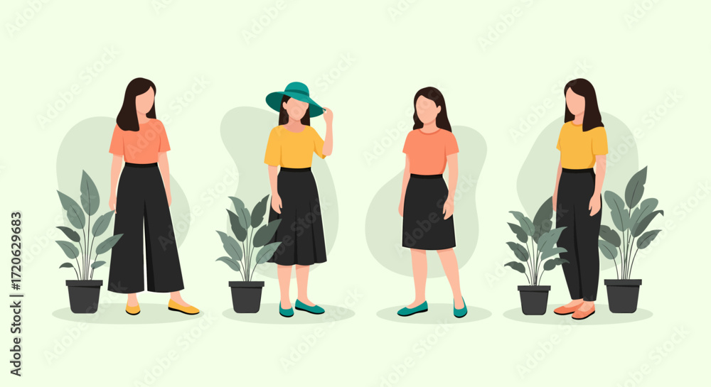 Fototapeta premium Four stylized women in varied outfits with potted plants faceless figures.