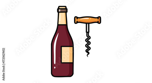 Red Wine Bottle and Corkscrew Icon Illustration