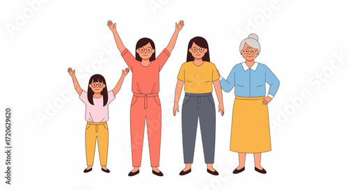 Four Generations of Women A Cartoon Illustration of Family Togetherness.
