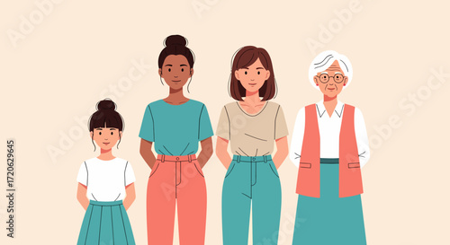 Four generations of women standing together in a flat vector illustration.