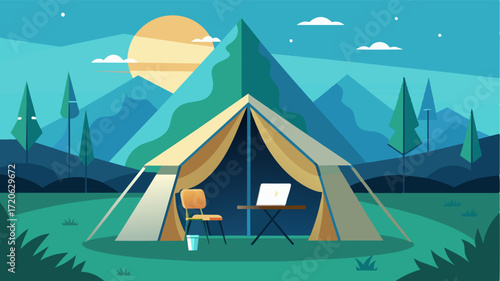 A tranquil and luxurious tent offering a quiet and peaceful work environment complete with modern technology and breathtaking vistas.. Vector illustration