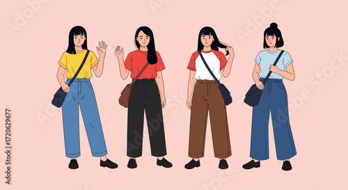 Four stylized women in diverse outfits each with unique hairstyles and shoulder bags.