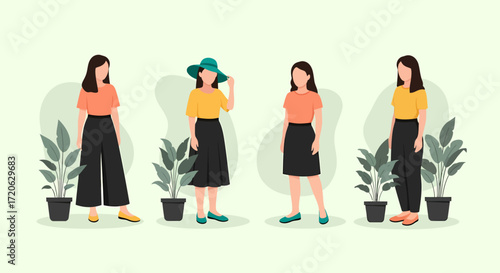 Four stylized women in varied outfits with potted plants faceless figures.