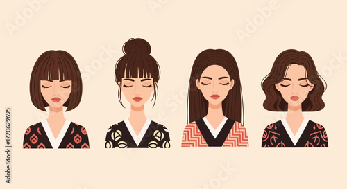 Four stylized women with closed eyes and patterned tops in a row.