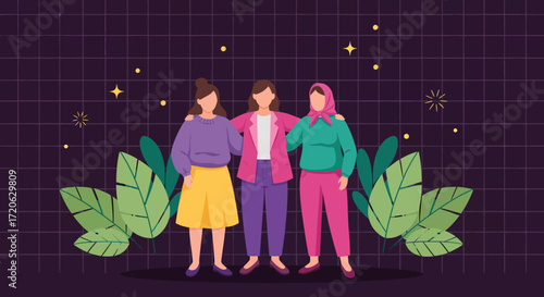 Three Embracing Women in Colorful Outfits with Stylized Leaves.