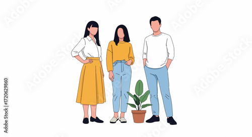 Three faceless figures with a potted plant wearing casual attire in a minimalist style.