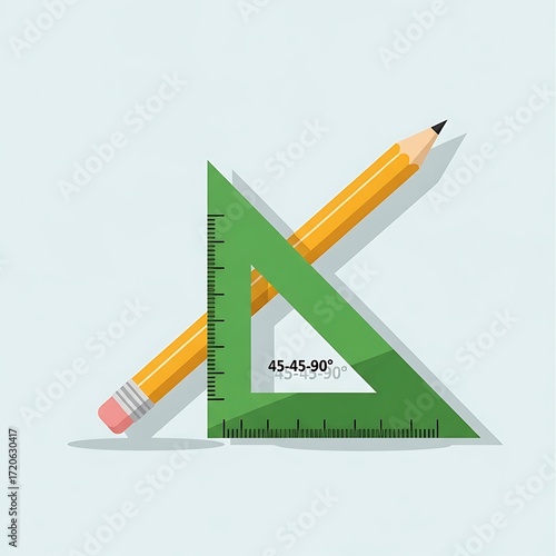 A bright yellow pencil rests diagonally across a green protractor, highlighting geometric angles.