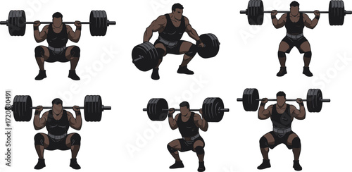 Bodybuilder lifting heavy barbell, squat exercise, gym workout, fitness strength training, muscular athlete powerlifting, bodybuilding workout, strongman competition, weightlifting illustration vector